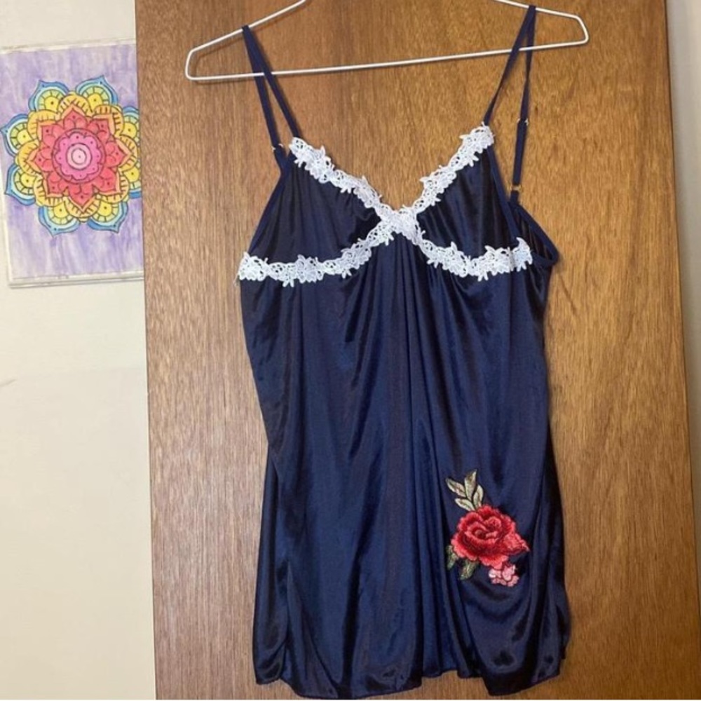 Navy satin tank top with white lace and rose details